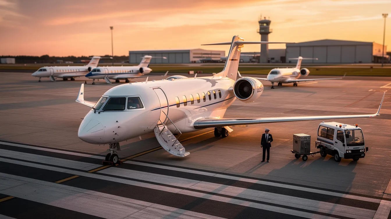 Business jet on the ramp at sunset, with a fuel truck alongside